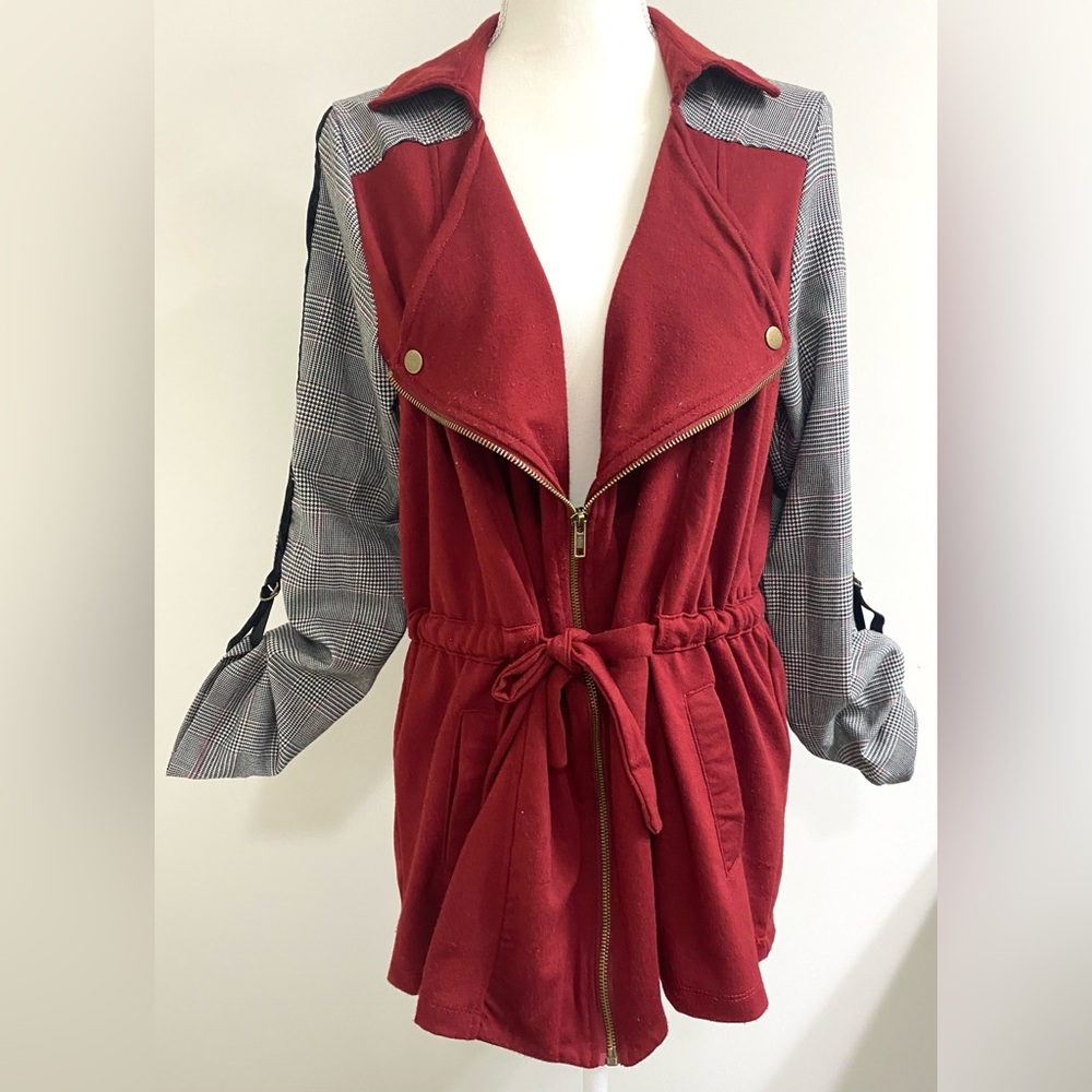 Tru Self Womens L Burgundy Black Herringbone Jacket Whimsigoth Y2K Streetwear - Picture 16 of 16
